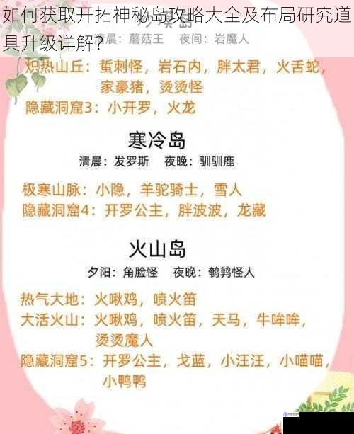 如何获取开拓神秘岛攻略大全及布局研究道具升级详解?