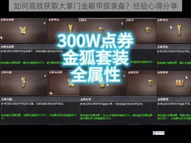 如何高效获取大掌门金箱甲级装备?经验心得分享
