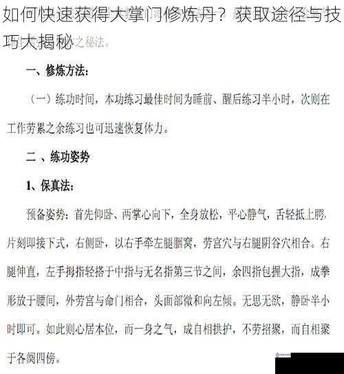 如何快速获得大掌门修炼丹?获取途径与技巧大揭秘