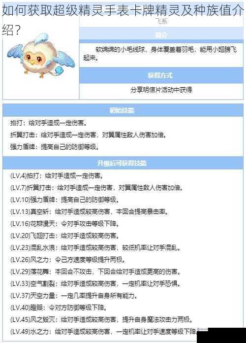 如何获取超级精灵手表卡牌精灵及种族值介绍?