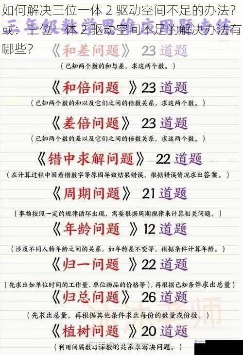 如何解决三位一体 2 驱动空间不足的办法?或:三位一体 2 驱动空间不足的解决办法有哪些?