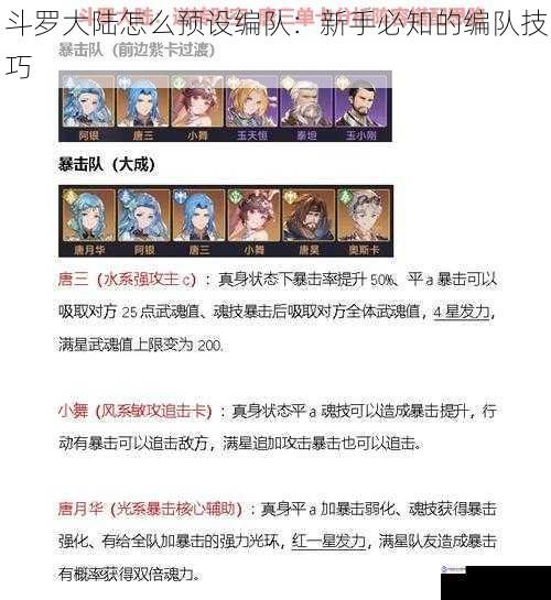 斗罗大陆怎么预设编队:新手必知的编队技巧