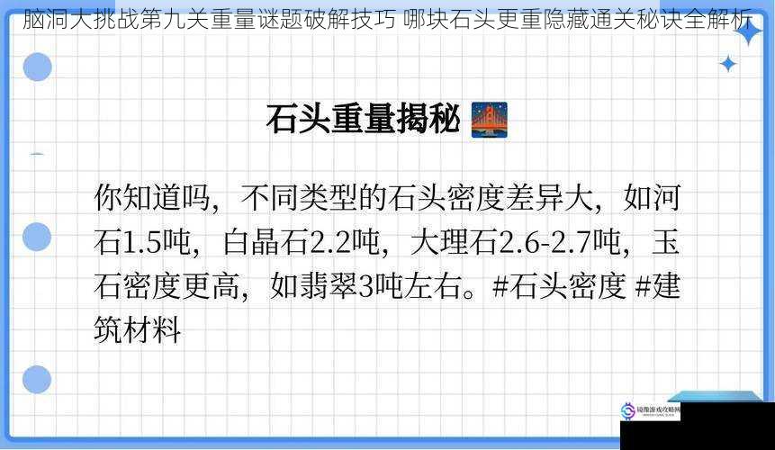 脑洞大挑战第九关重量谜题破解技巧 哪块石头更重隐藏通关秘诀全解析